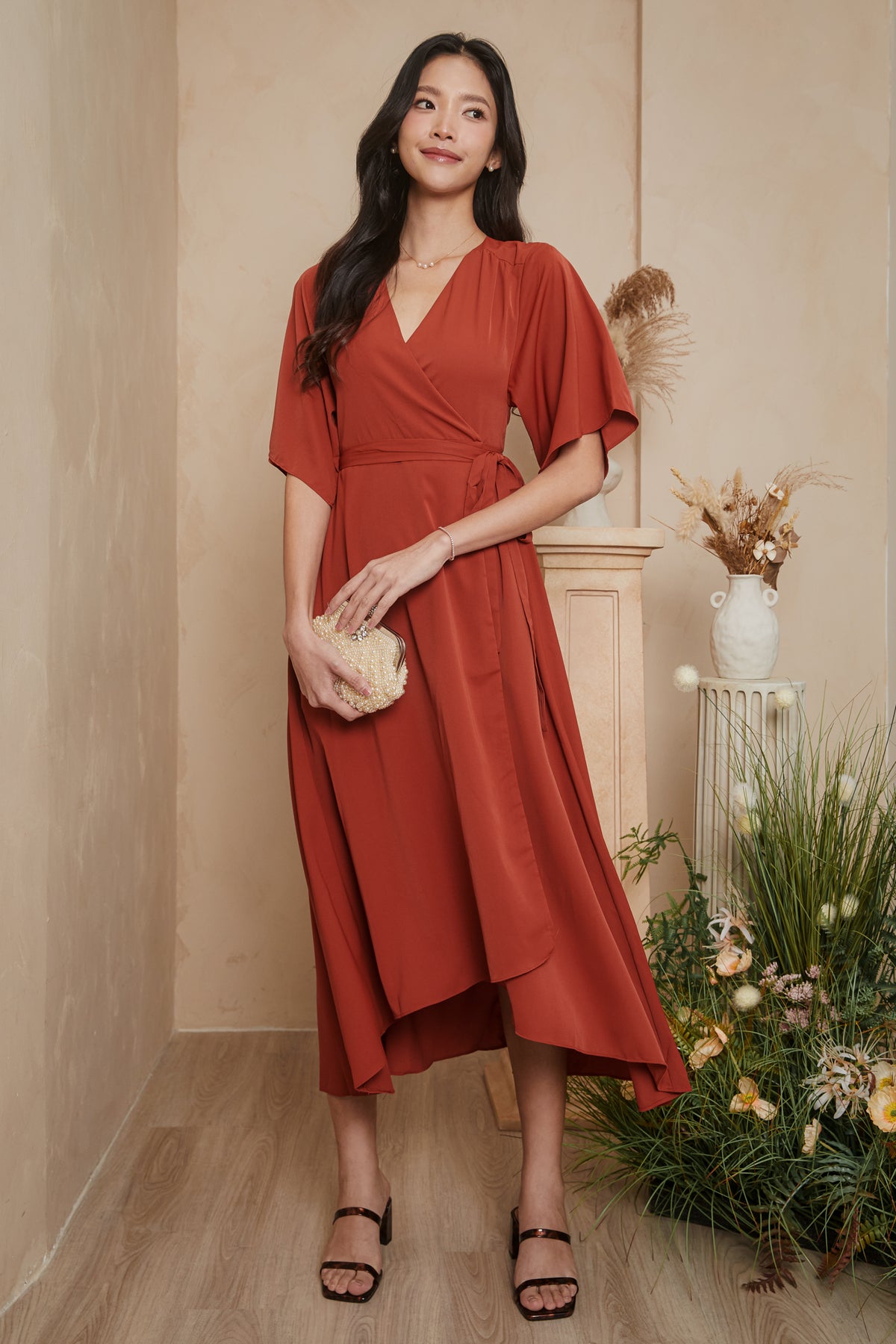 [VGY] Waterfall Kimono Wrap Dress in Burnt Orange