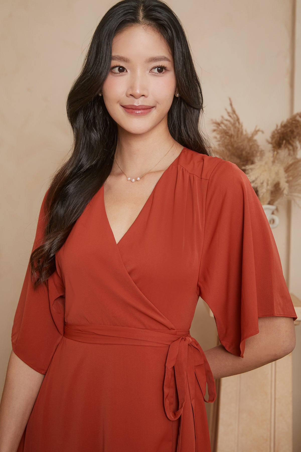 [VGY] Waterfall Kimono Wrap Dress in Burnt Orange