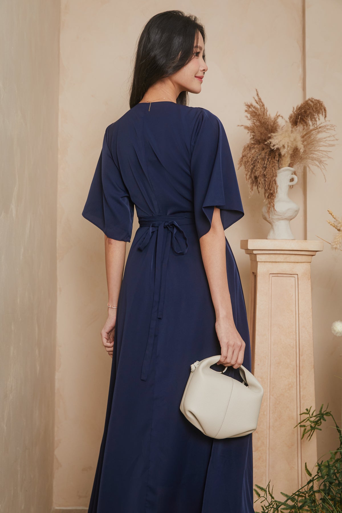 [VGY] Waterfall Kimono Wrap Dress in Navy
