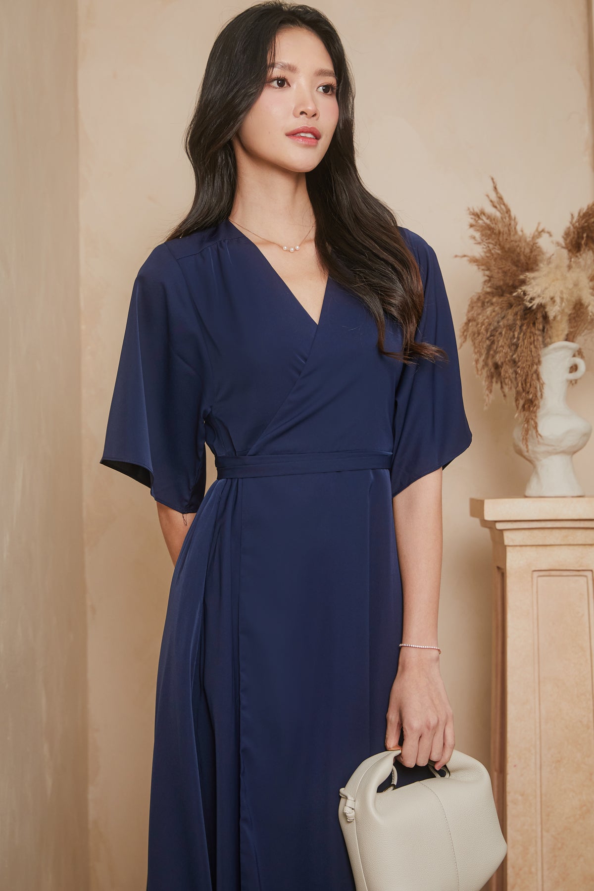 [VGY] Waterfall Kimono Wrap Dress in Navy