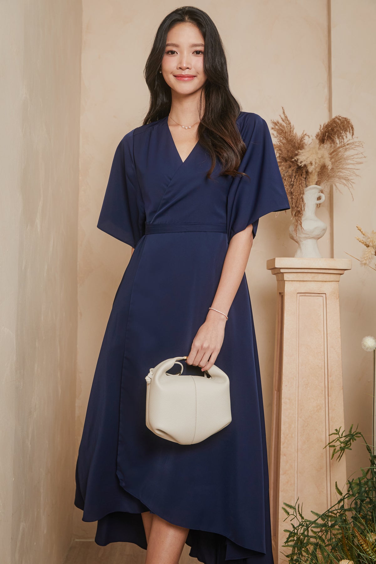 [VGY] Waterfall Kimono Wrap Dress in Navy