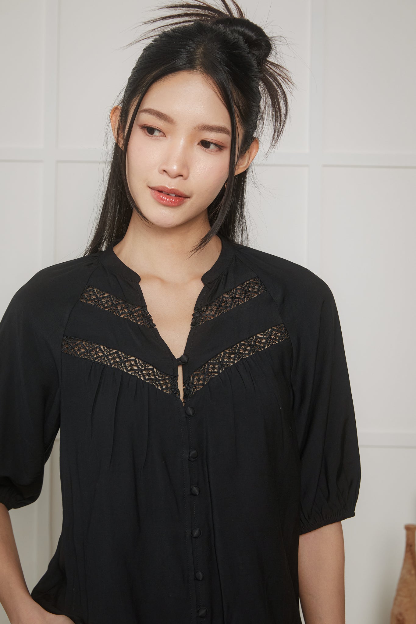 Crochet Trim V-Neck Blouse in Black