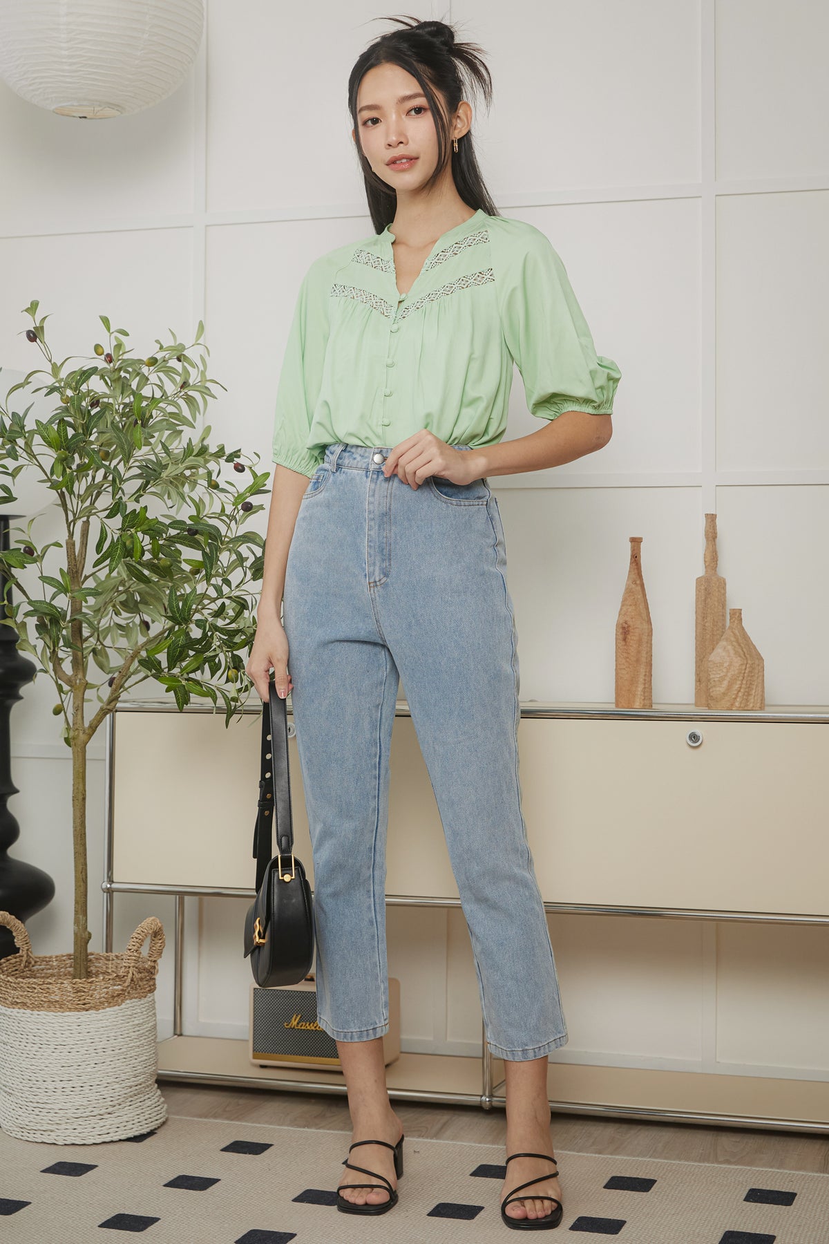 Crochet Trim V-Neck Blouse in Lime Green