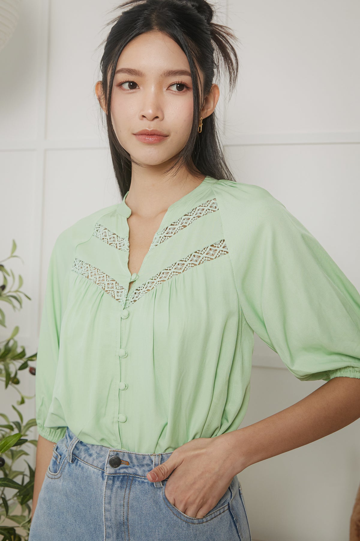 Crochet Trim V-Neck Blouse in Lime Green