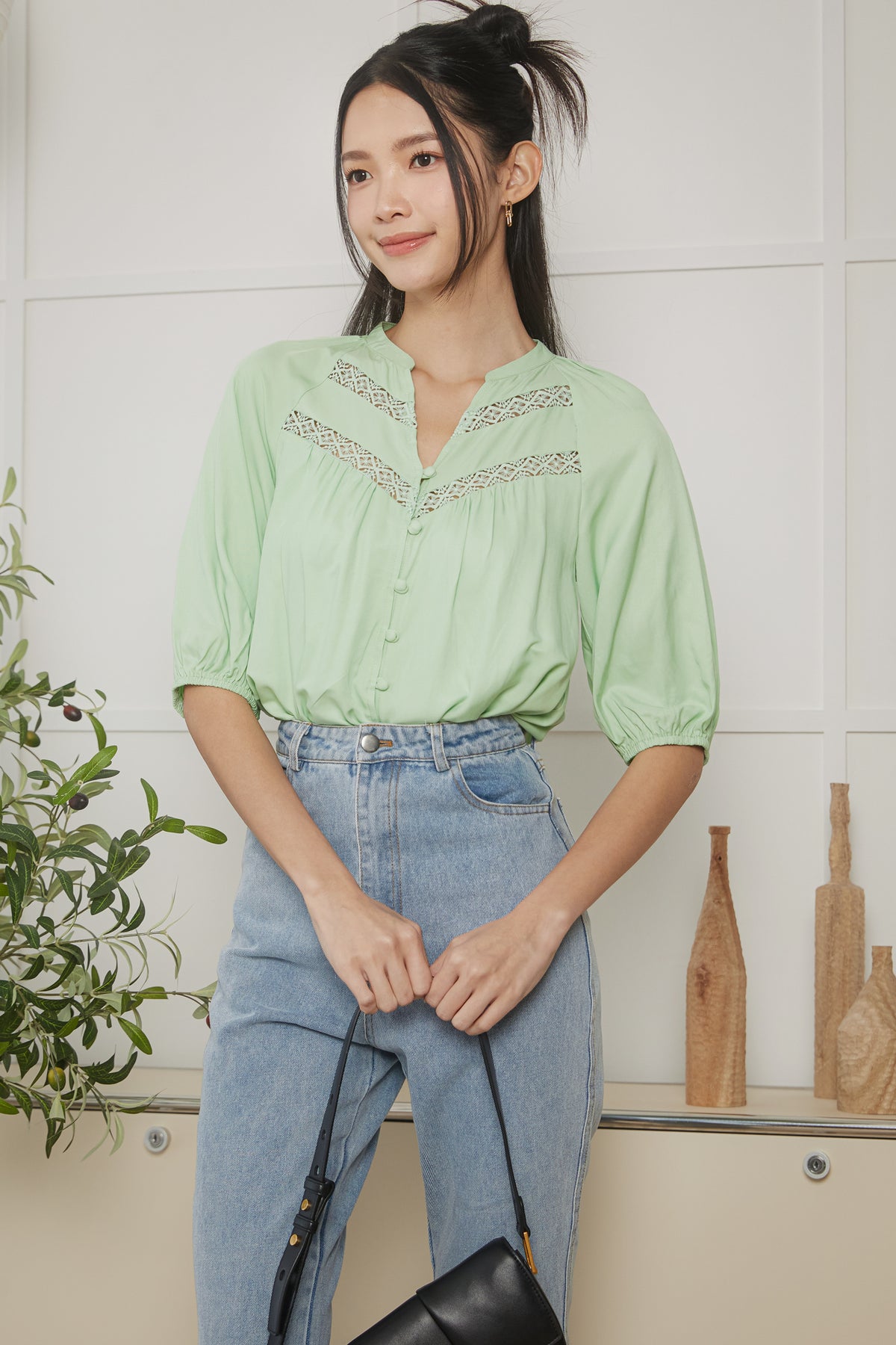 Crochet Trim V-Neck Blouse in Lime Green