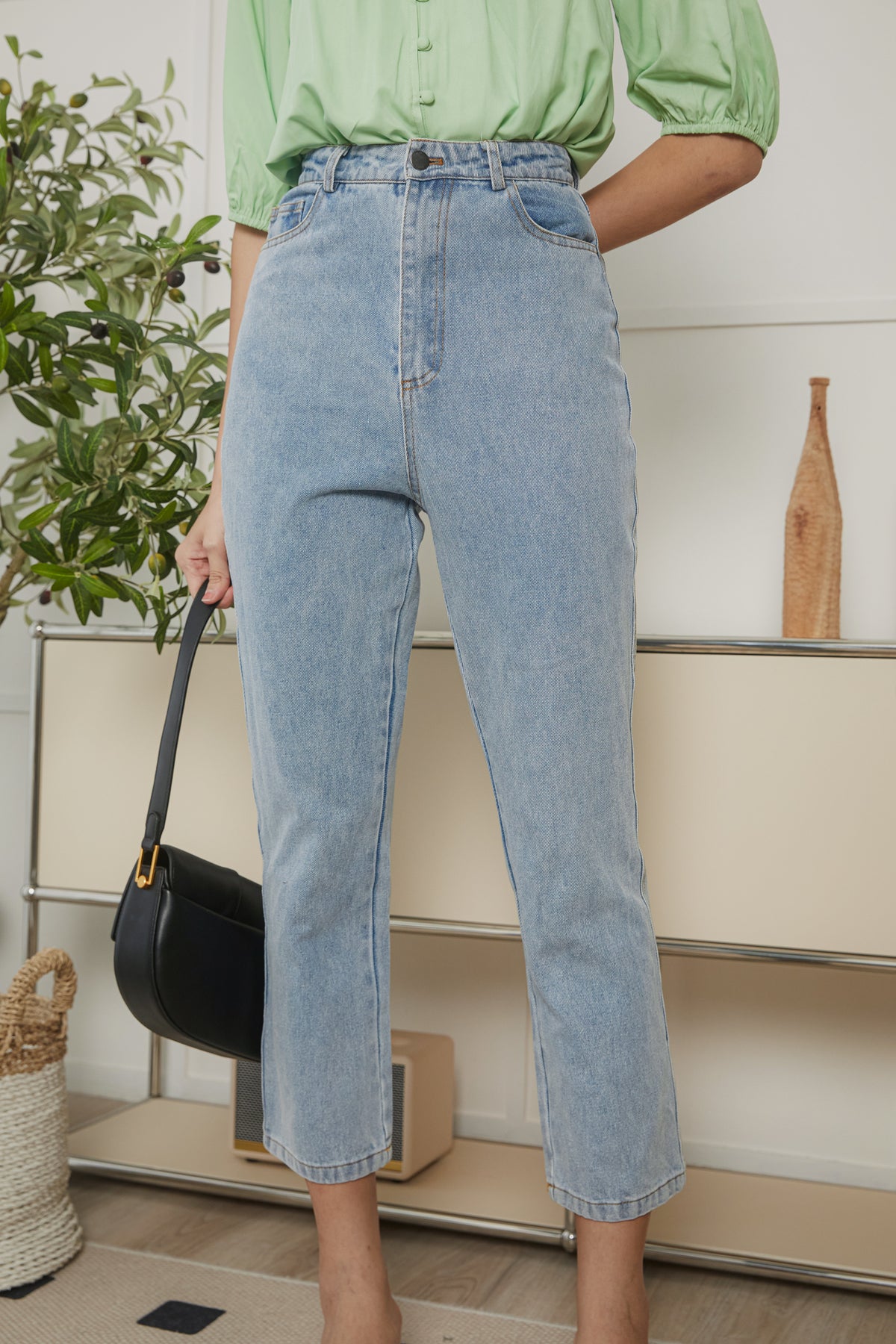 High-Waist Tapered Denim Jeans in Light Wash