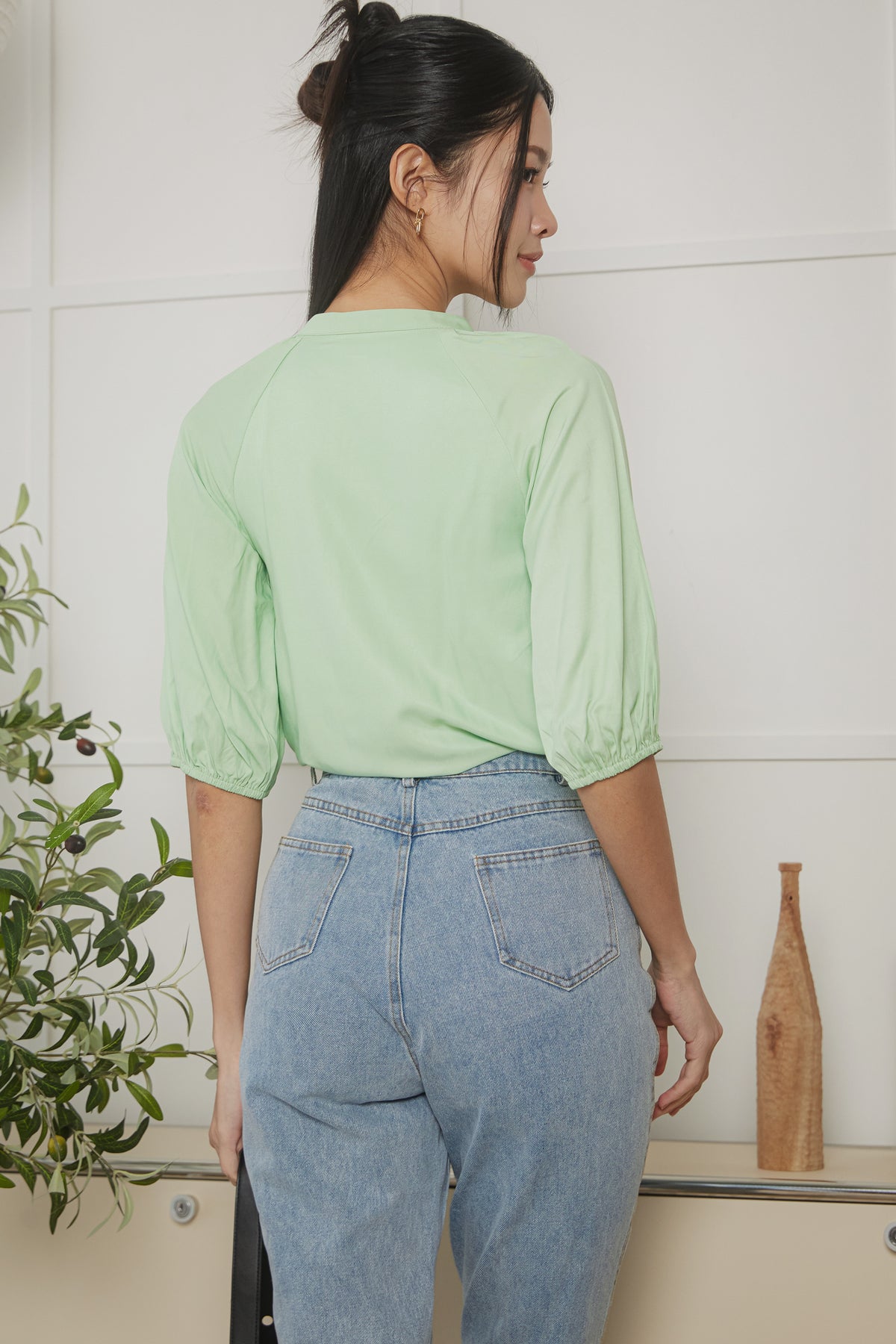 Crochet Trim V-Neck Blouse in Lime Green