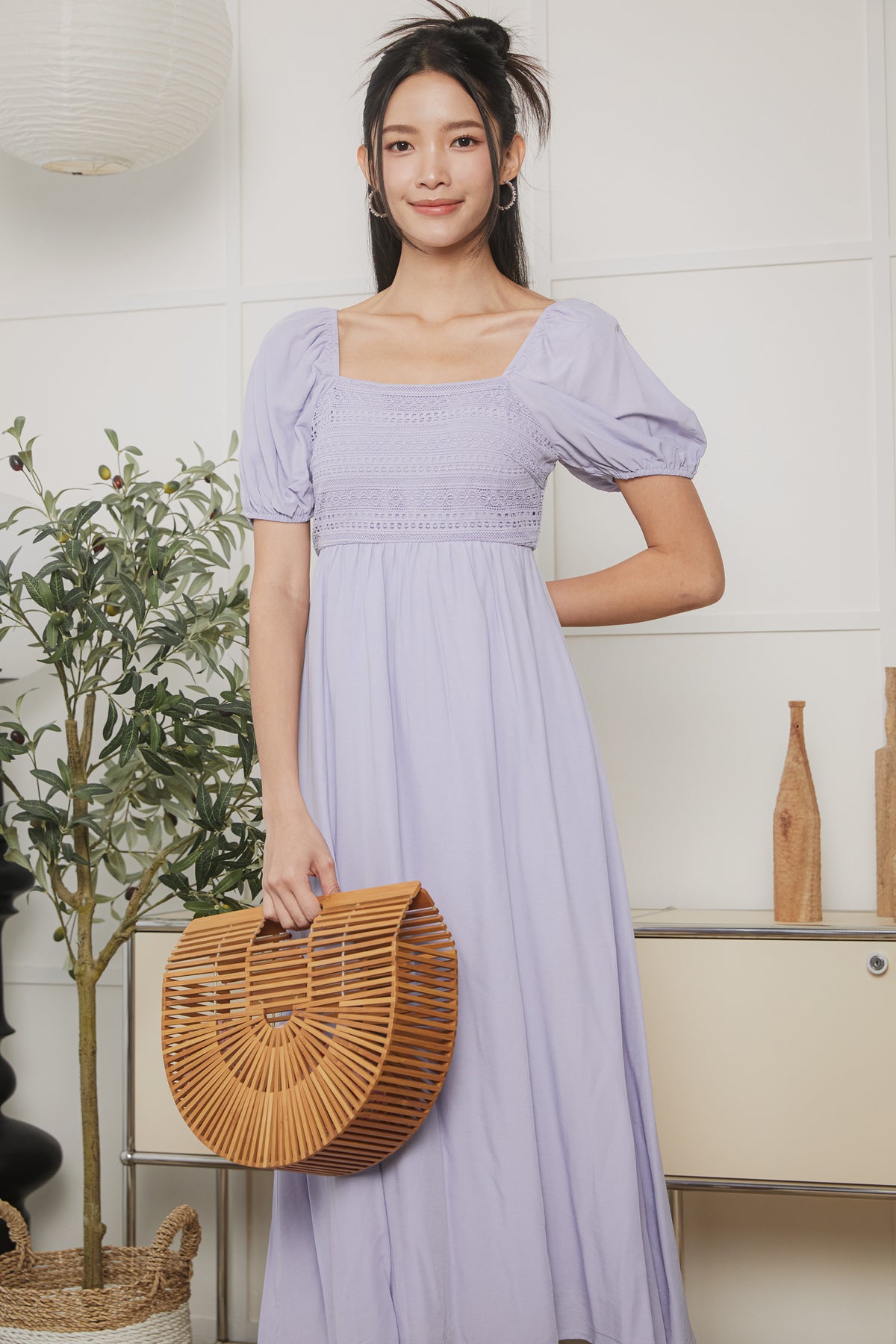 Crochet Puff Sleeve Midi Dress in Lilac
