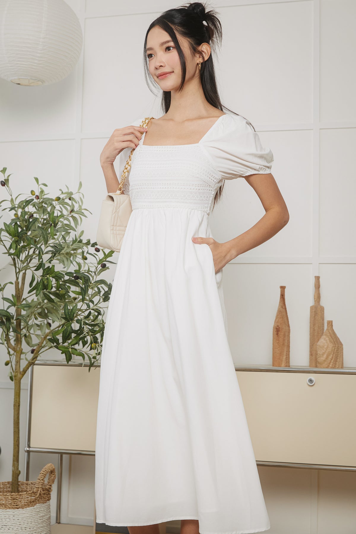 Crochet Puff Sleeve Midi Dress in White