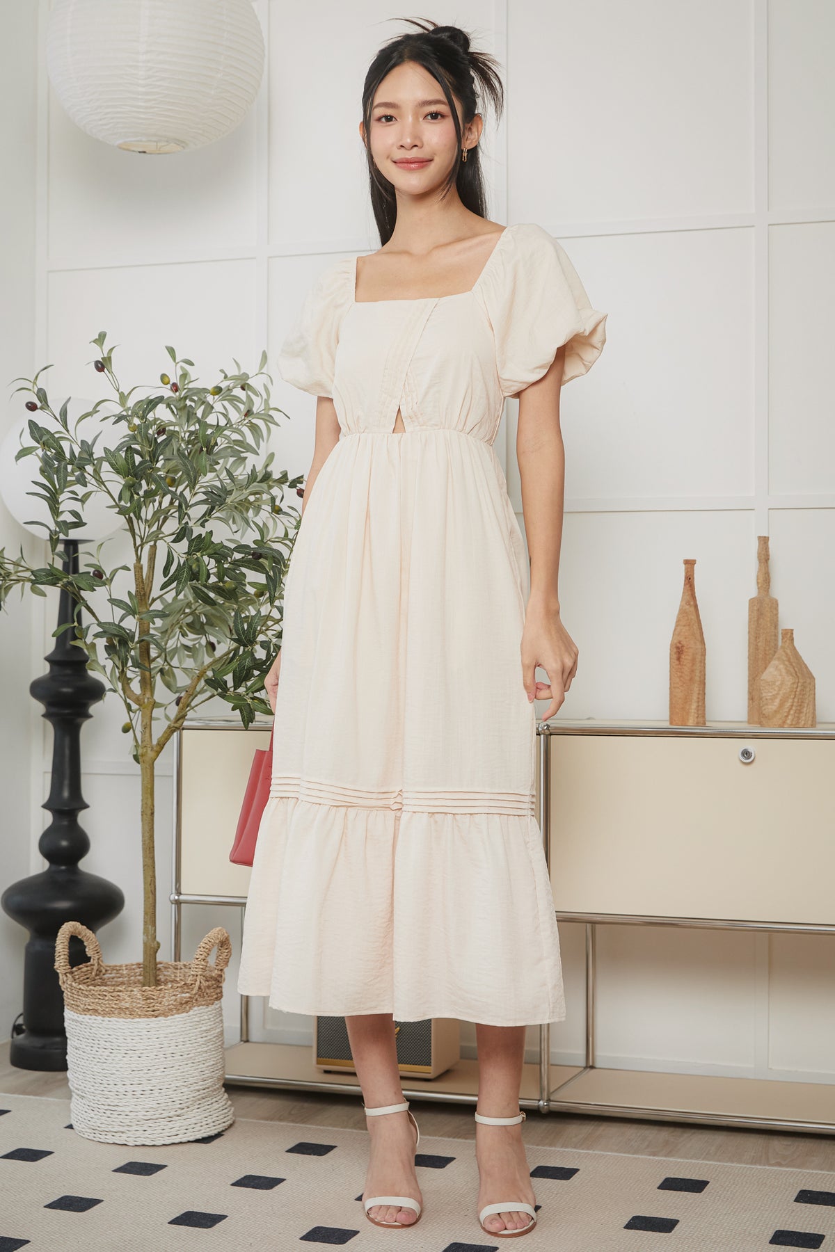 Origami Pleat Pouf Sleeve Dress in Cream