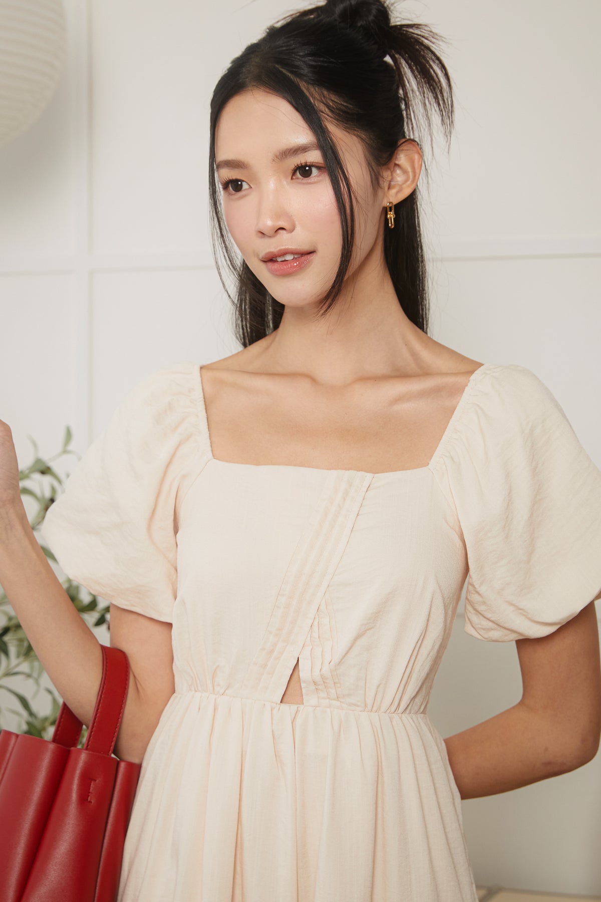 Origami Pleat Pouf Sleeve Dress in Cream