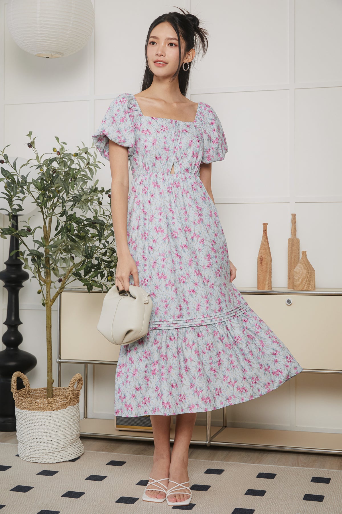 Origami Pleat Pouf Sleeve Dress in Floral
