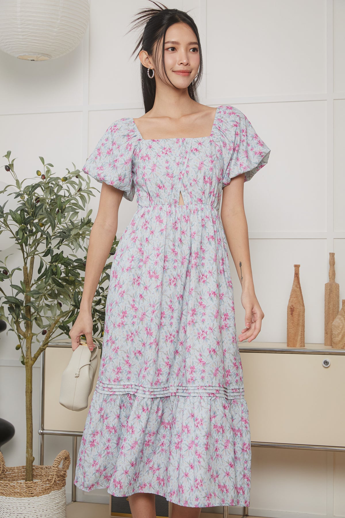 Origami Pleat Pouf Sleeve Dress in Floral