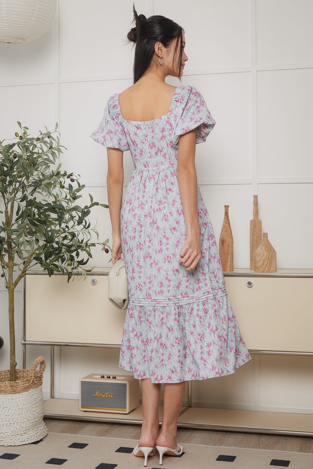 Origami Pleat Pouf Sleeve Dress in Floral