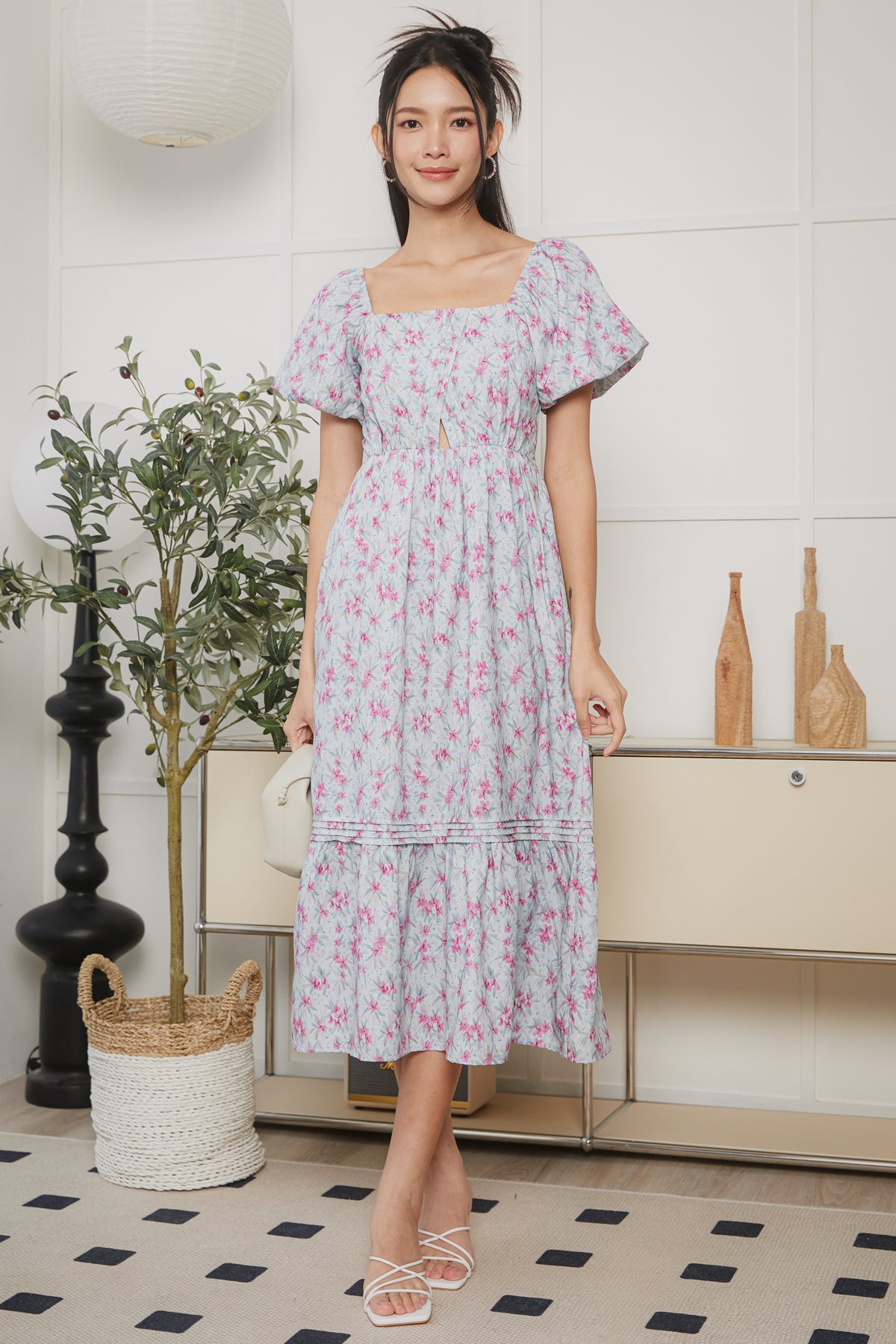Origami Pleat Pouf Sleeve Dress in Floral