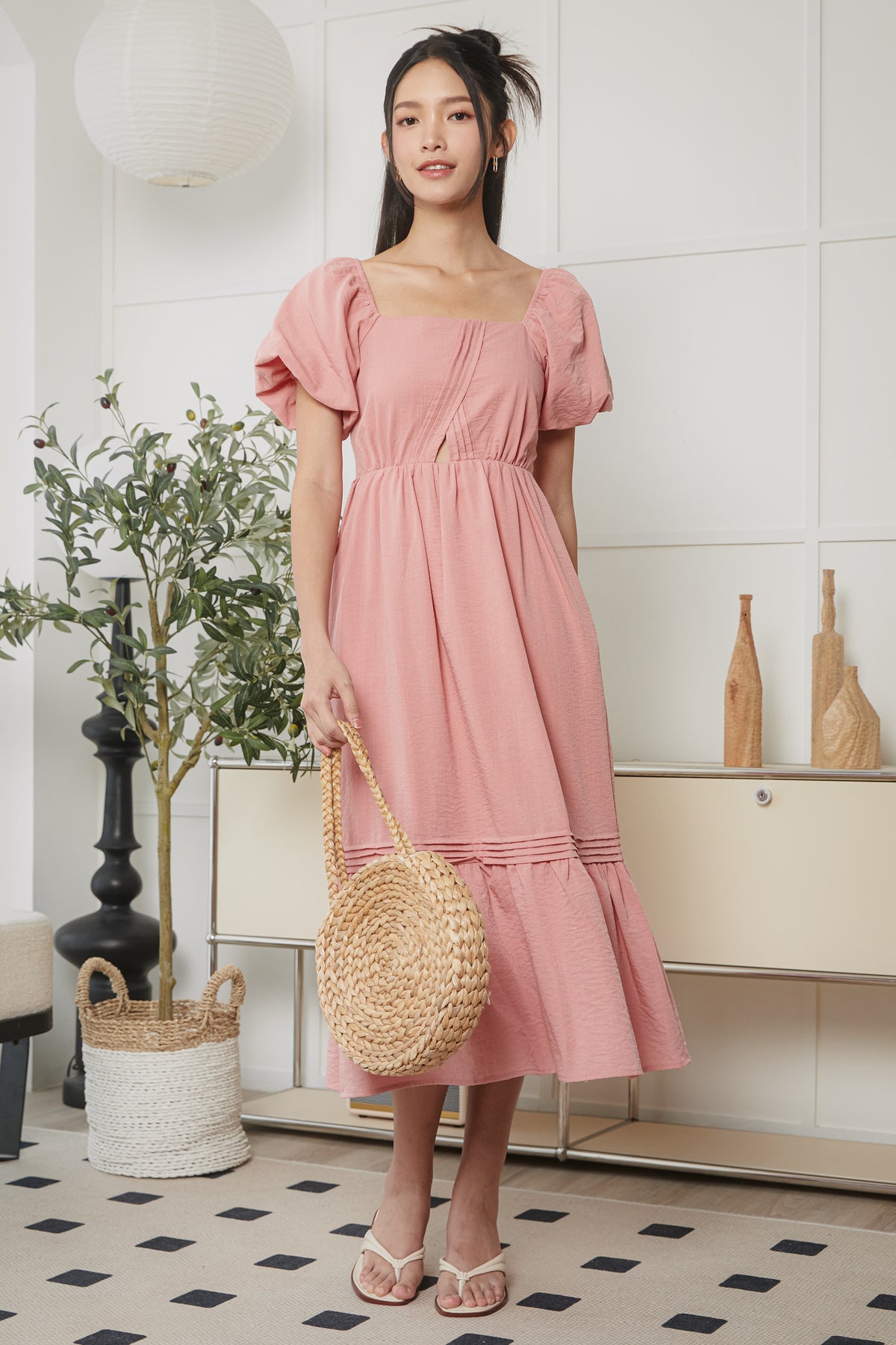 Origami Pleat Pouf Sleeve Dress in Pink
