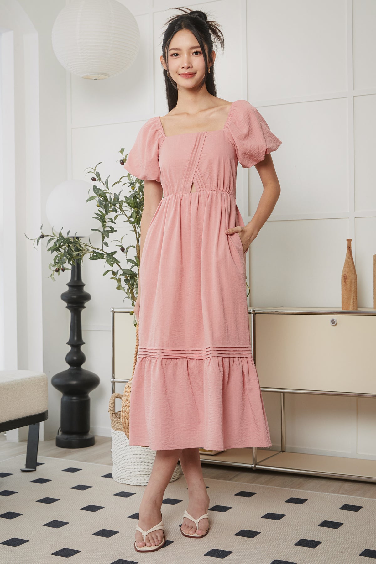 Origami Pleat Pouf Sleeve Dress in Pink