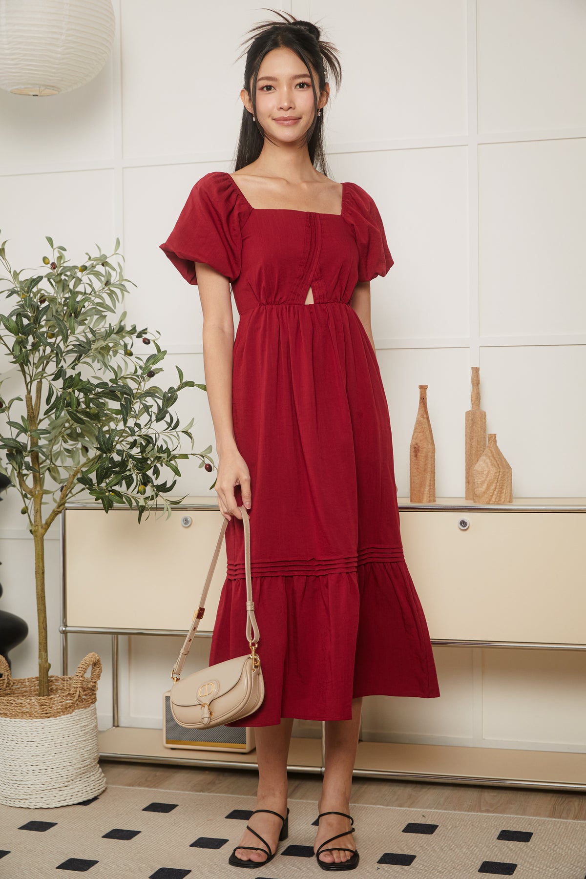 Origami Pleat Pouf Sleeve Dress in Red