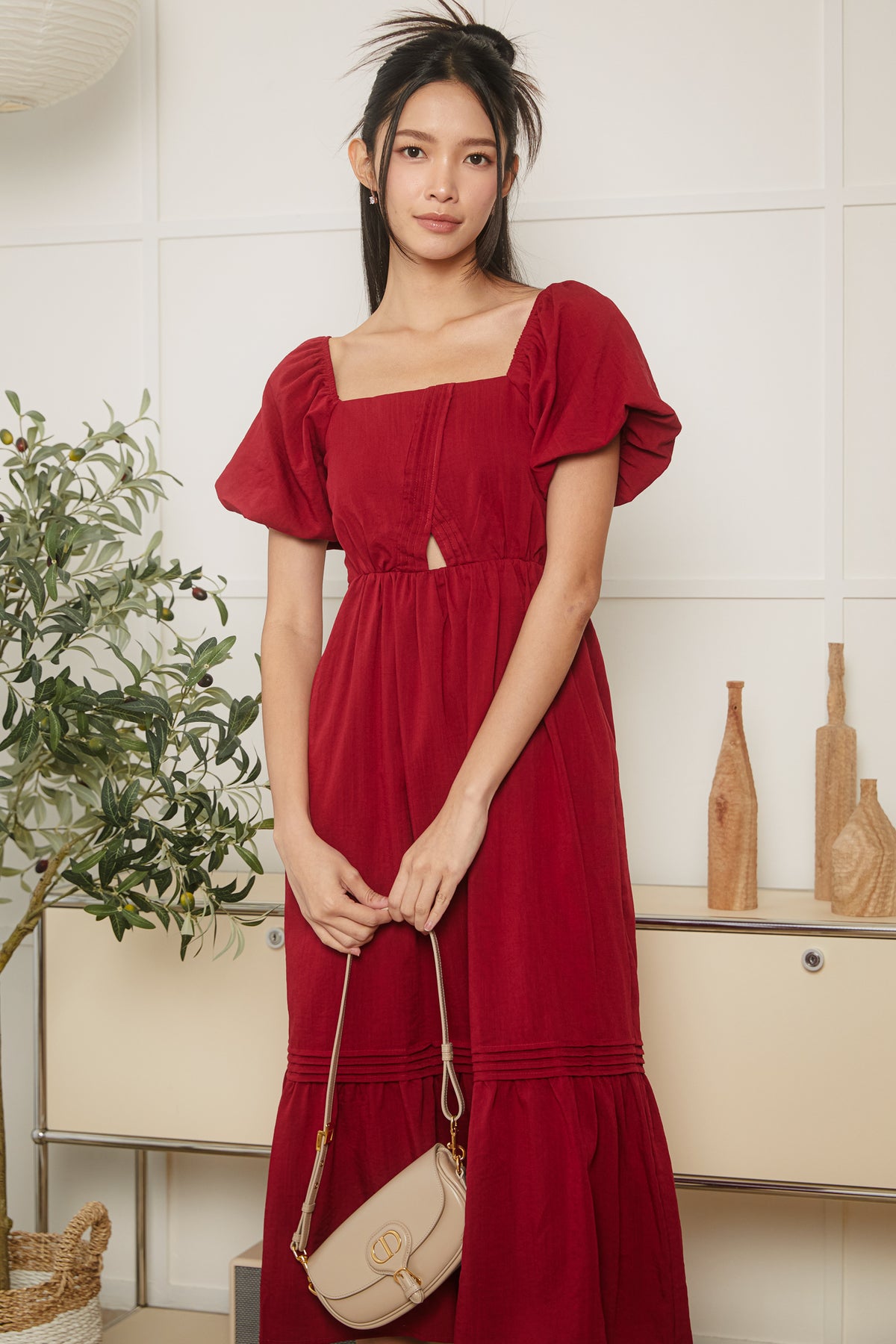Origami Pleat Pouf Sleeve Dress in Red