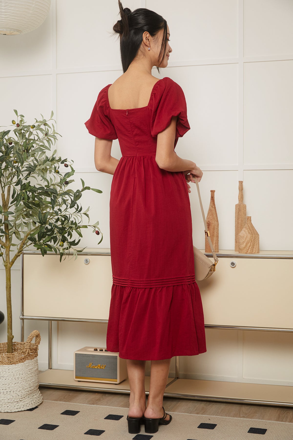 Origami Pleat Pouf Sleeve Dress in Red