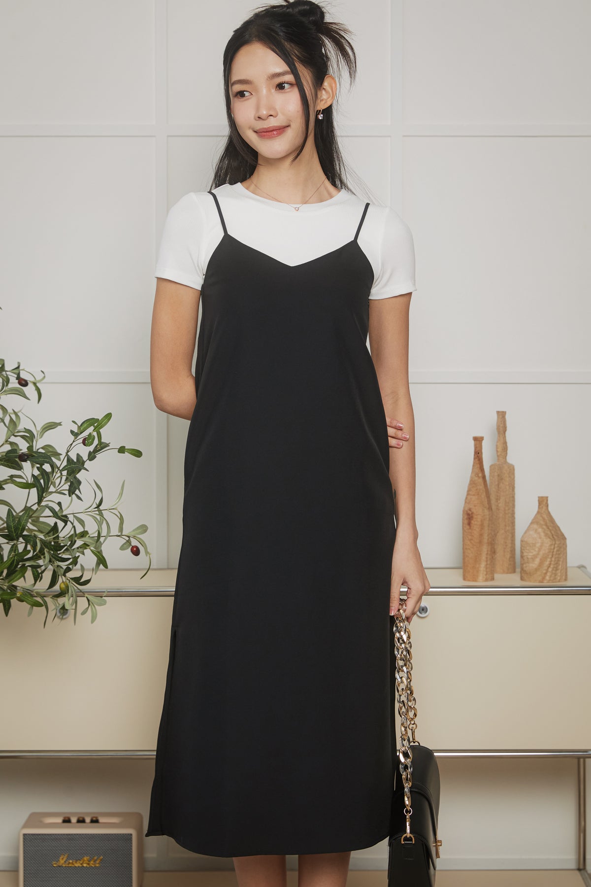 Two-Way Side Slits Strappy Dress in Black