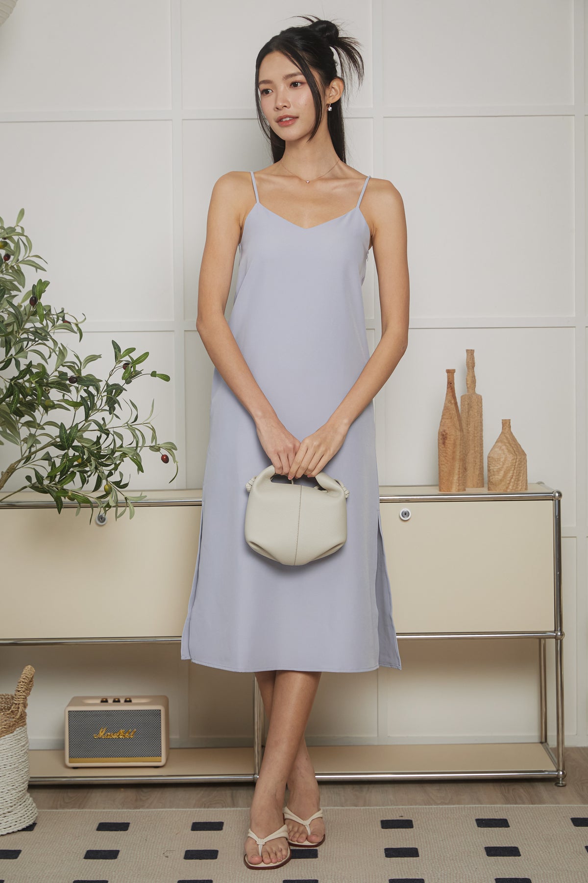 Two-Way Side Slits Strappy Dress in Ash Blue