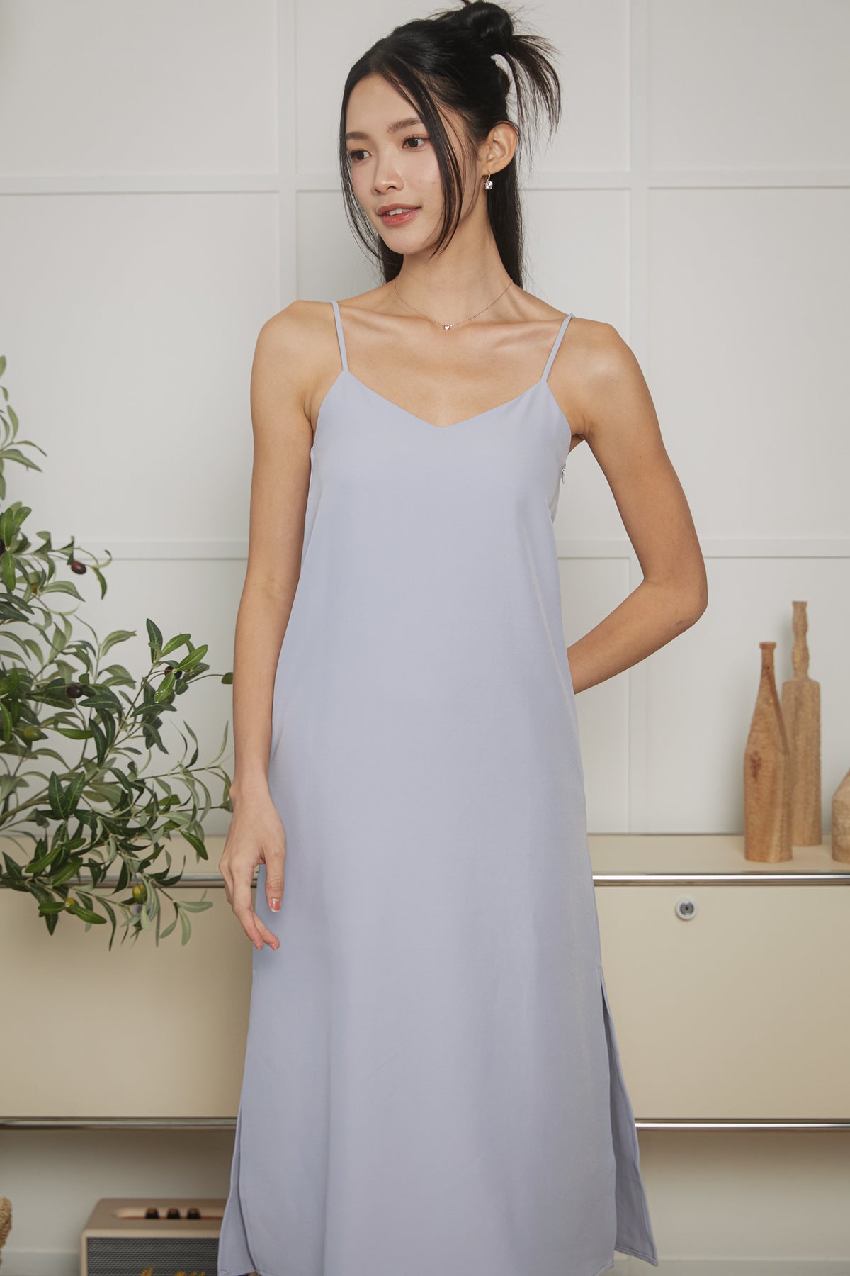 Two-Way Side Slits Strappy Dress in Ash Blue