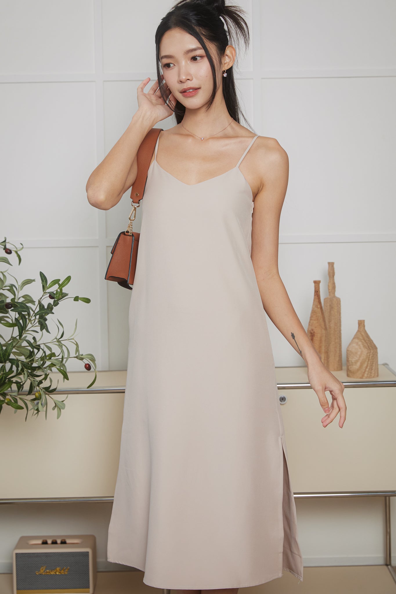Two-Way Side Slits Strappy Dress in Nude