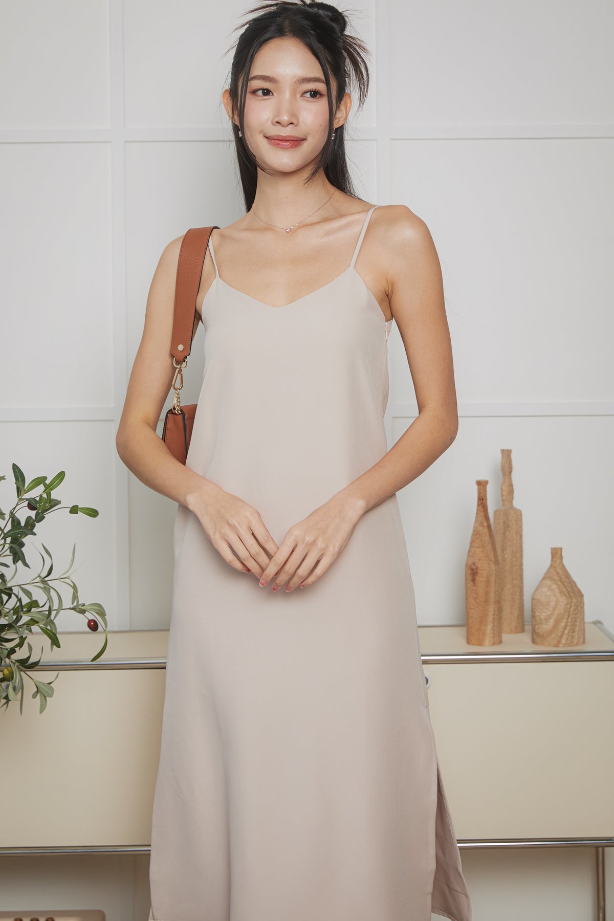 Two-Way Side Slits Strappy Dress in Nude