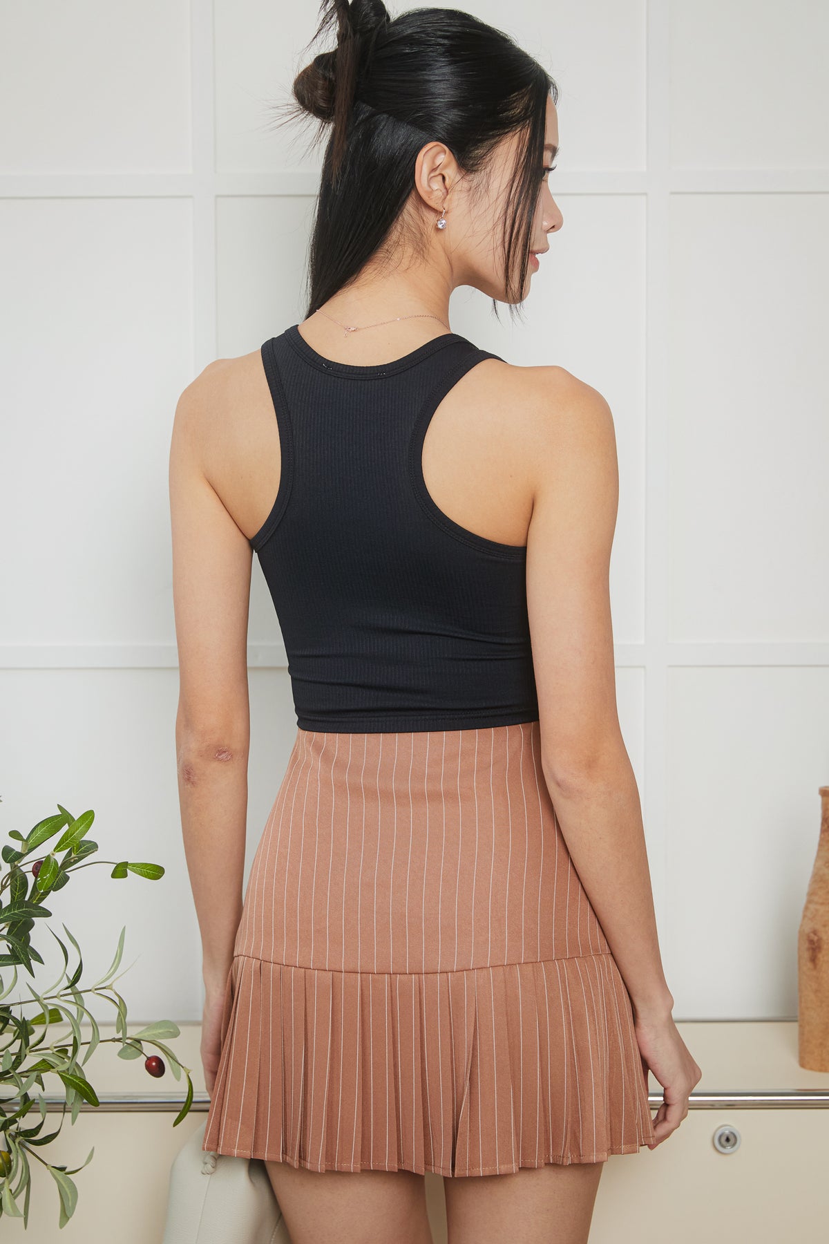 Pinstriped Pleated Skorts in Camel