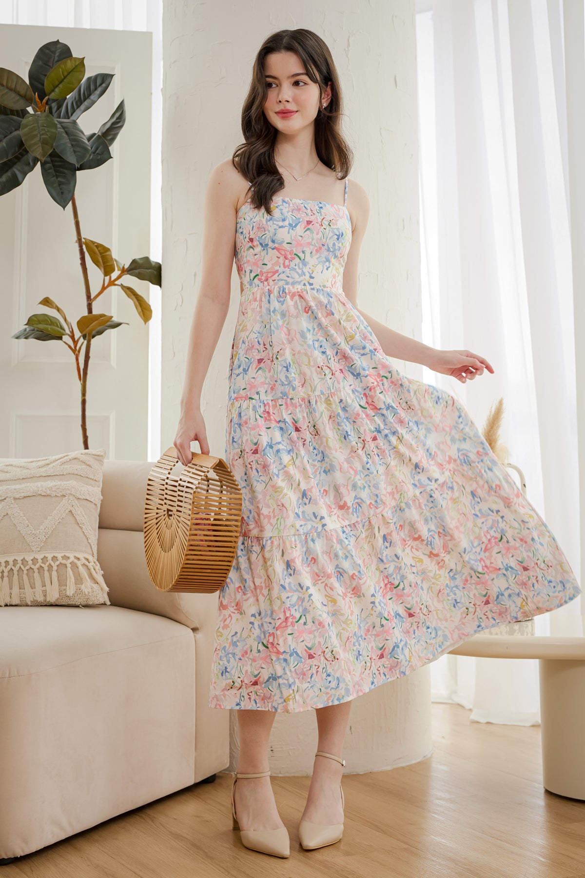 Open-Back Tiered Spag Dress in Pastel
