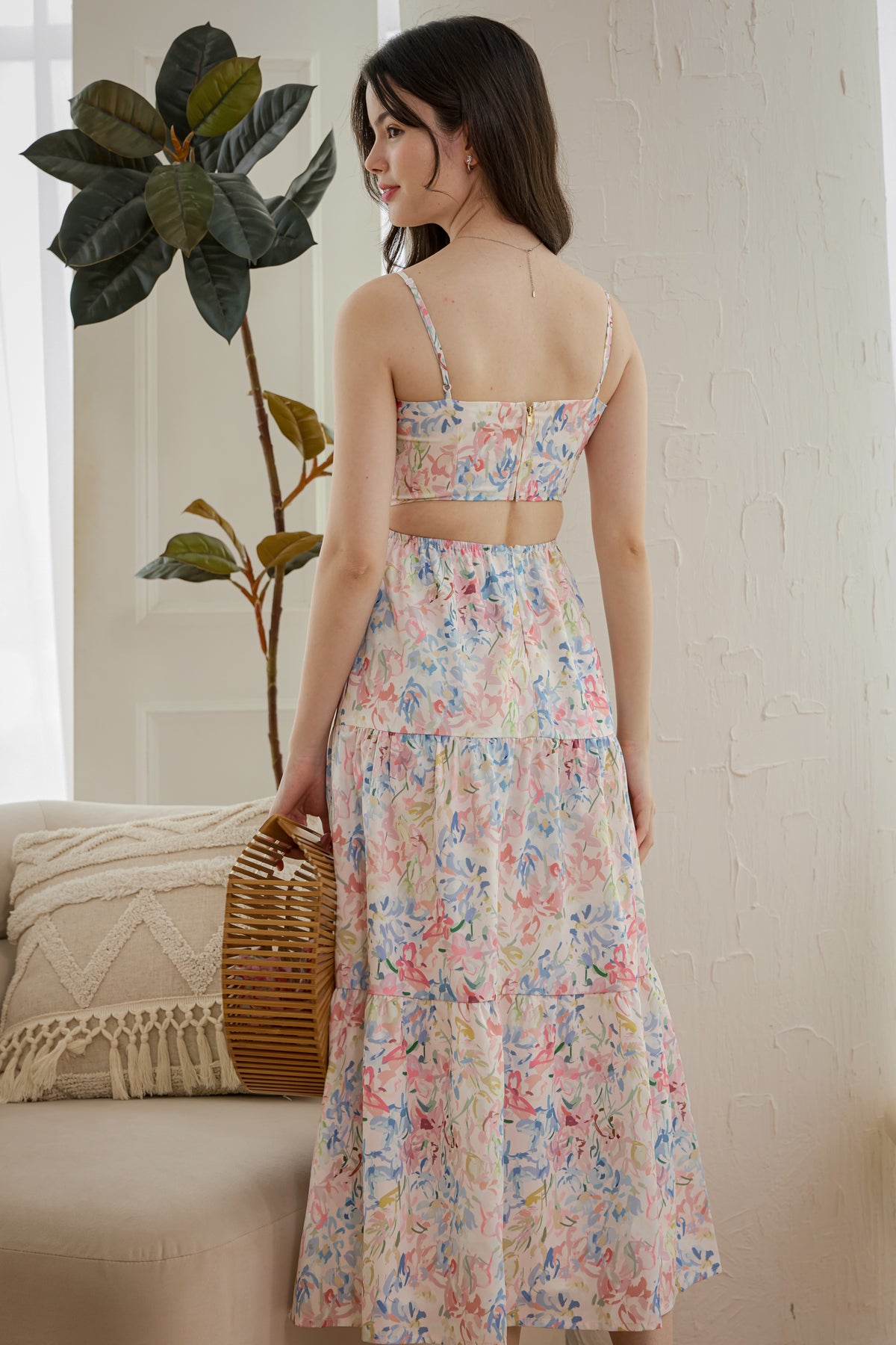 Open-Back Tiered Spag Dress in Pastel