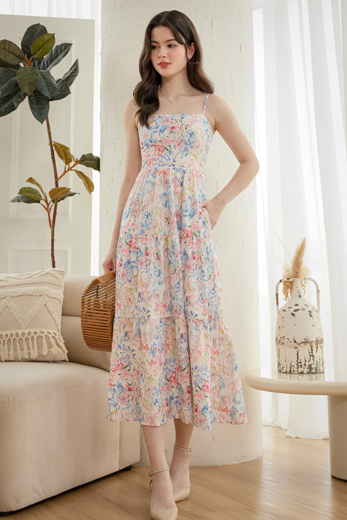 Open-Back Tiered Spag Dress in Pastel