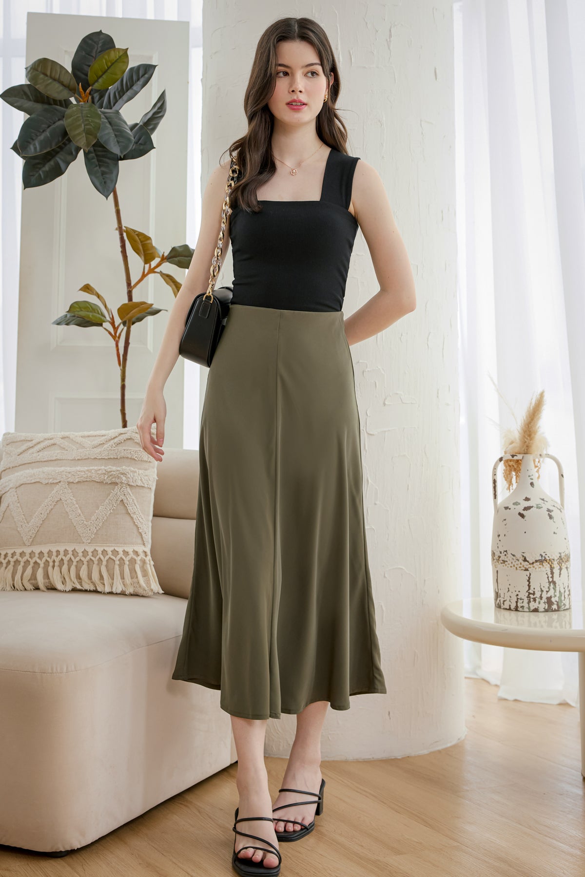 Hepburn Satin Midi Skirt in Moss Green