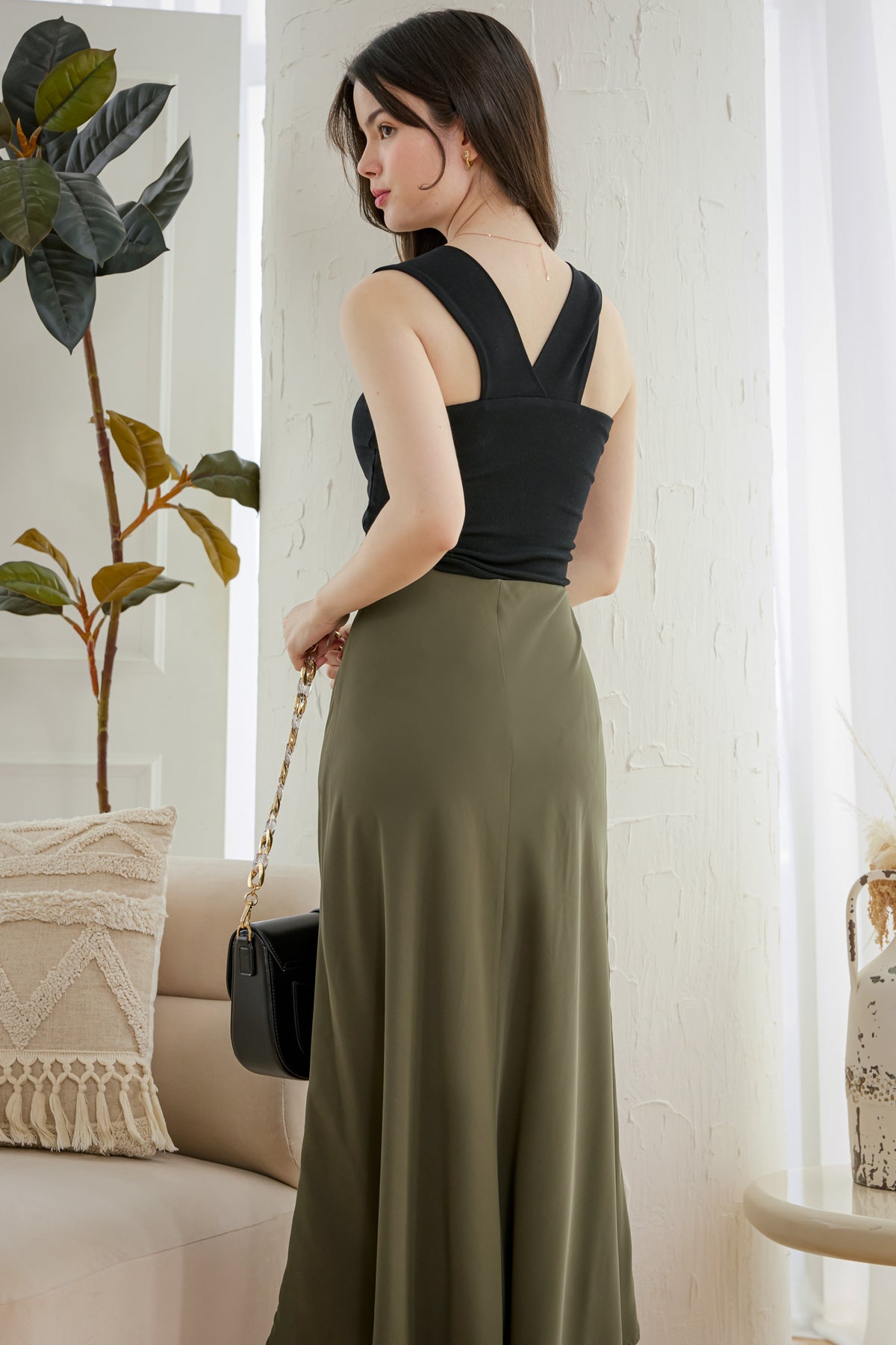 Hepburn Satin Midi Skirt in Moss Green