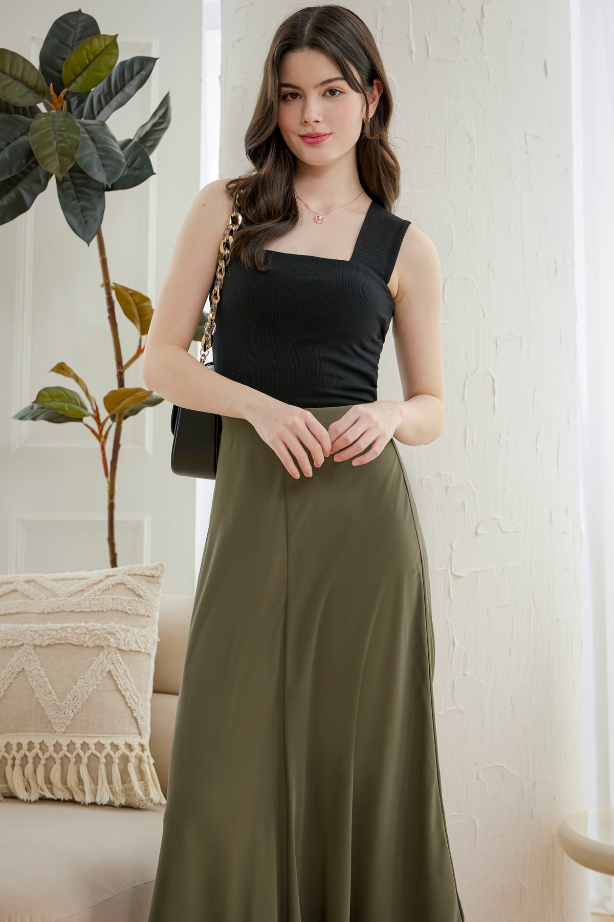 Hepburn Satin Midi Skirt in Moss Green