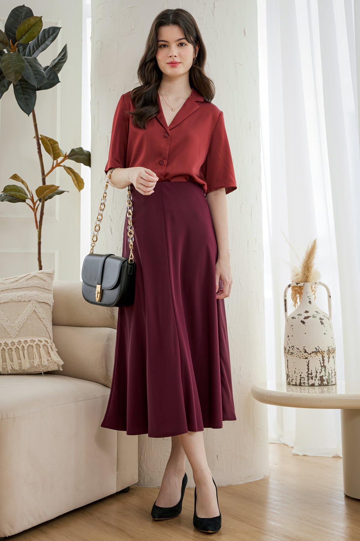 Hepburn Satin Midi Skirt in Burgundy
