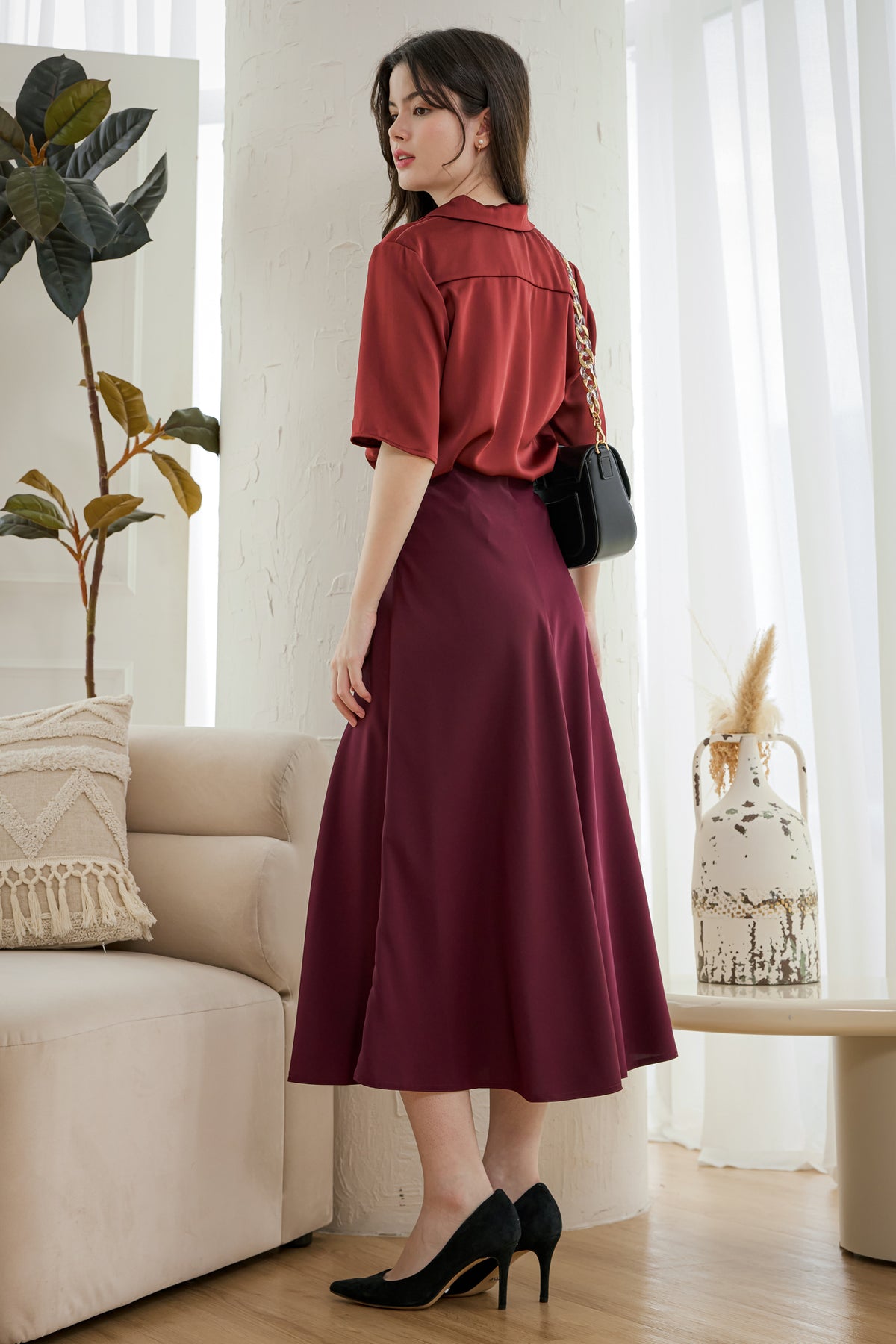 Hepburn Satin Midi Skirt in Burgundy