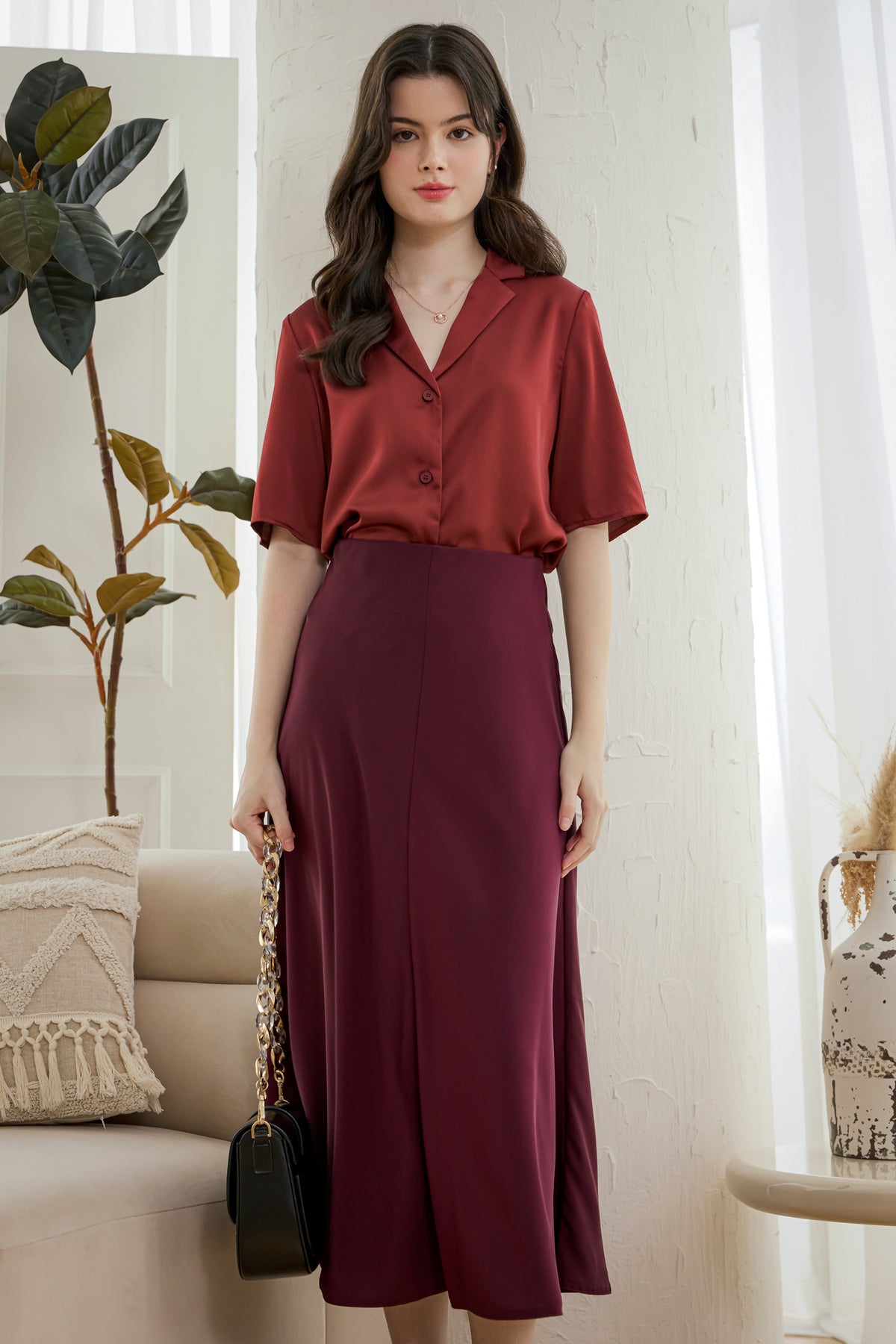 Hepburn Satin Midi Skirt in Burgundy