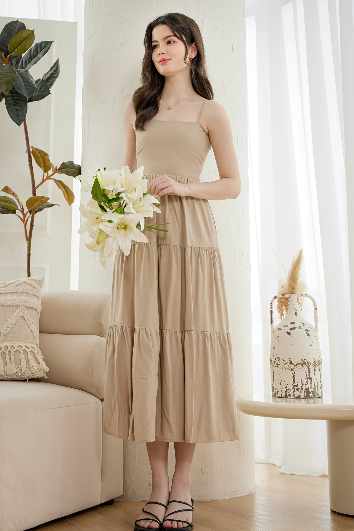 Open-Back Tiered Spag Dress in Sand