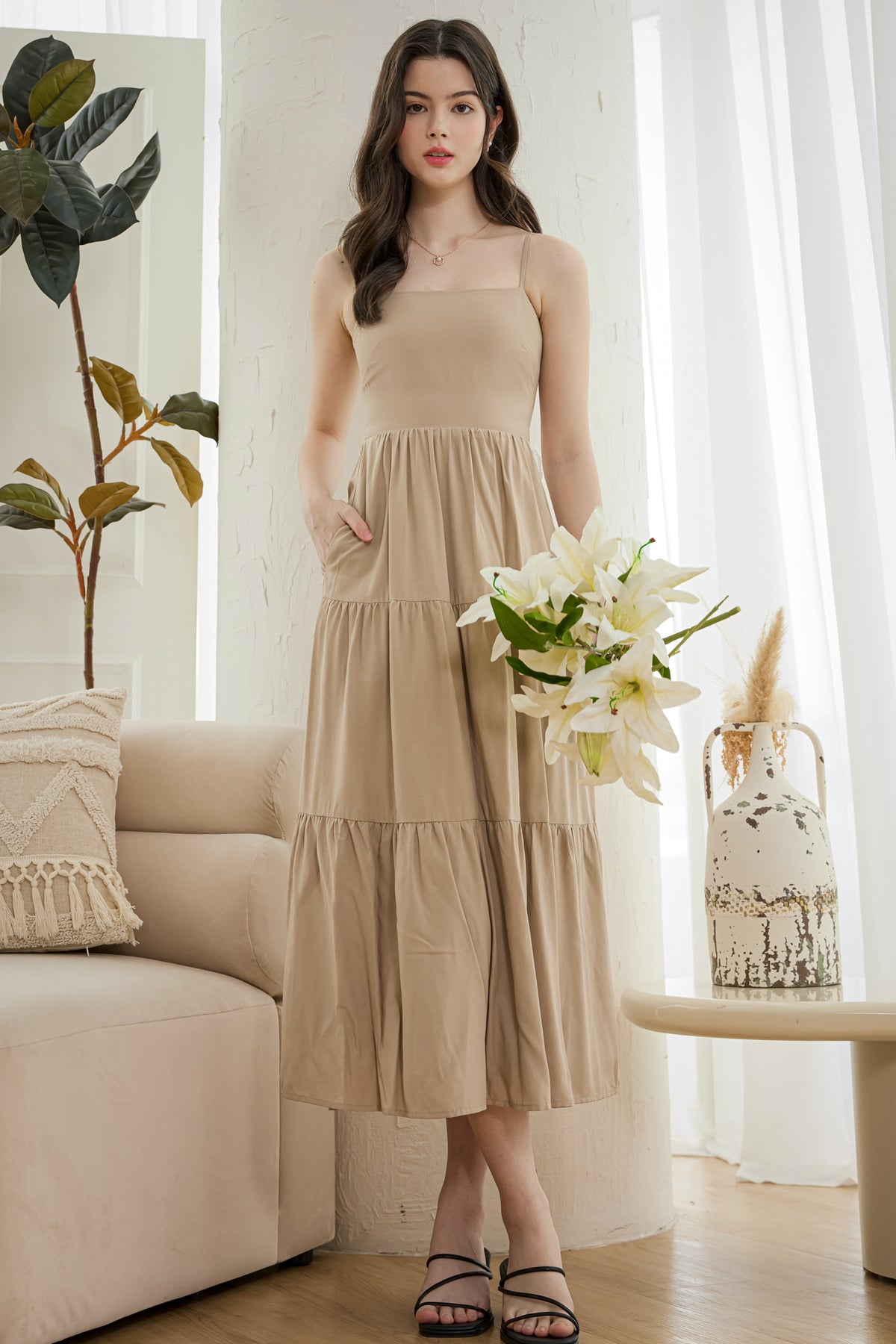 Open-Back Tiered Spag Dress in Sand