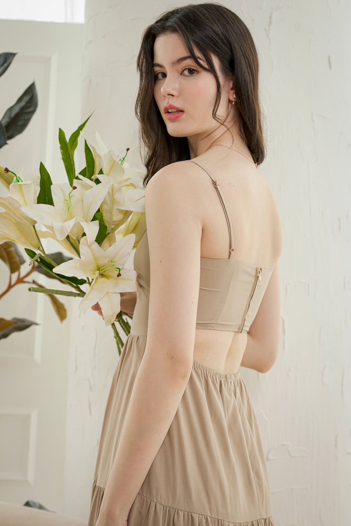 Open-Back Tiered Spag Dress in Sand