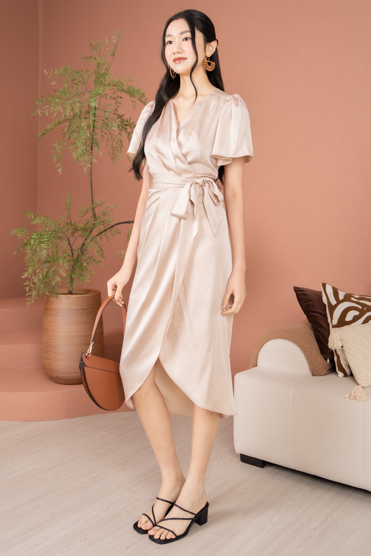 Aurora Flutter Sleeves Tulip Dress in Champange