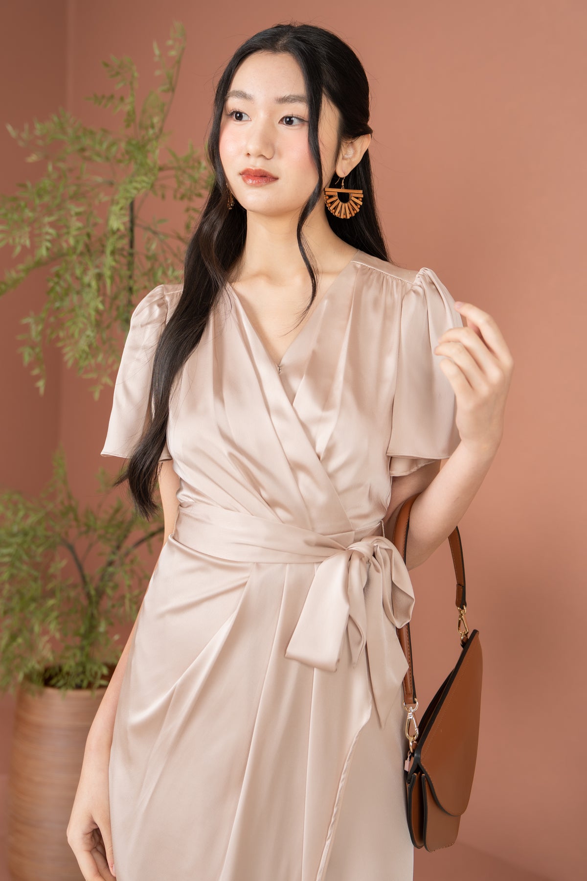 Aurora Flutter Sleeves Tulip Dress in Champange