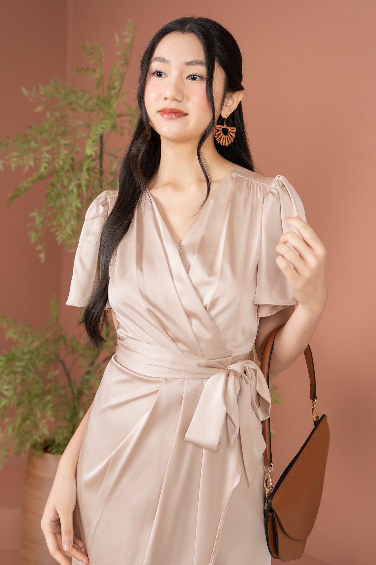 Aurora Flutter Sleeves Tulip Dress in Champange