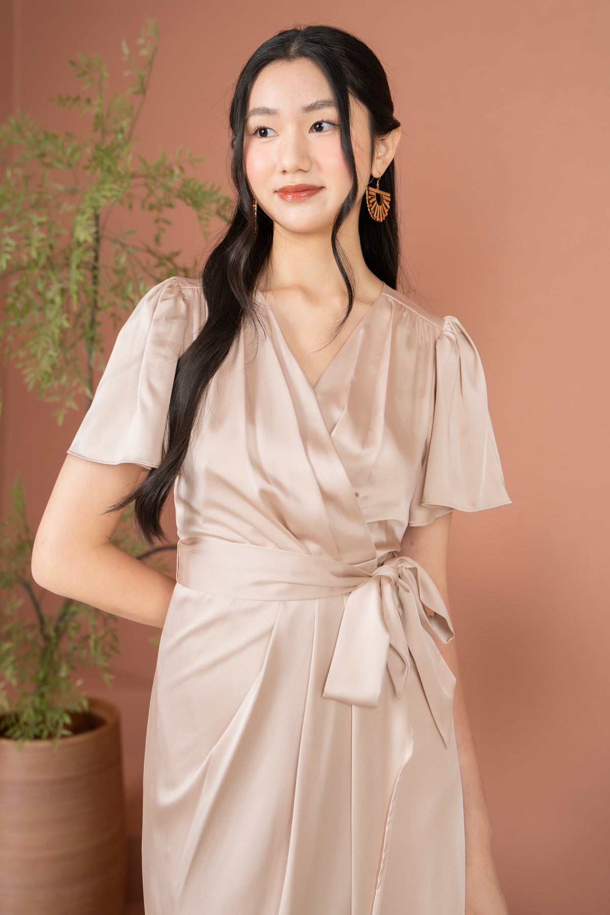 Aurora Flutter Sleeves Tulip Dress in Champange