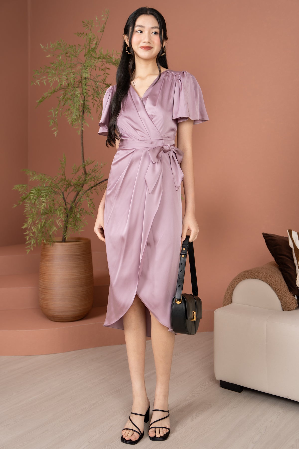 Aurora Flutter Sleeves Tulip Dress in Lilac
