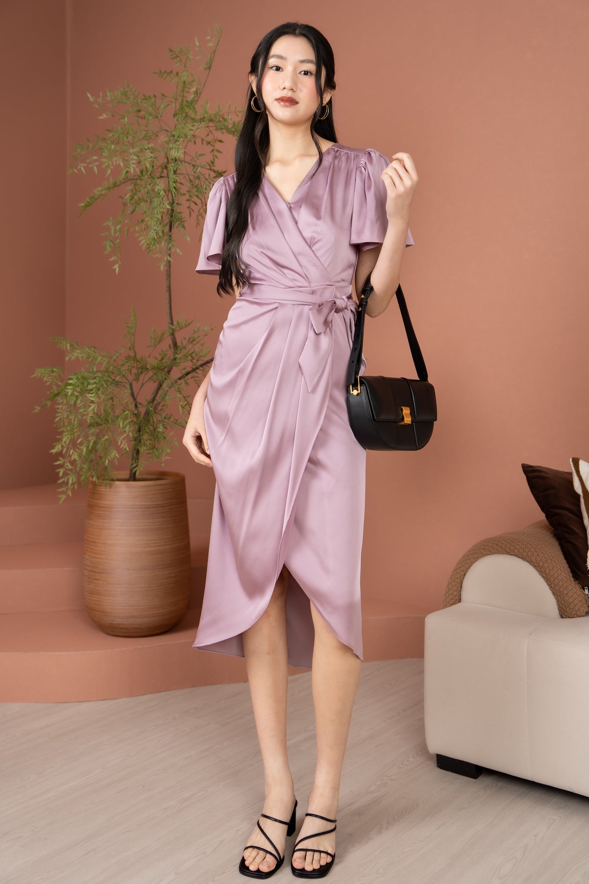 Aurora Flutter Sleeves Tulip Dress in Lilac