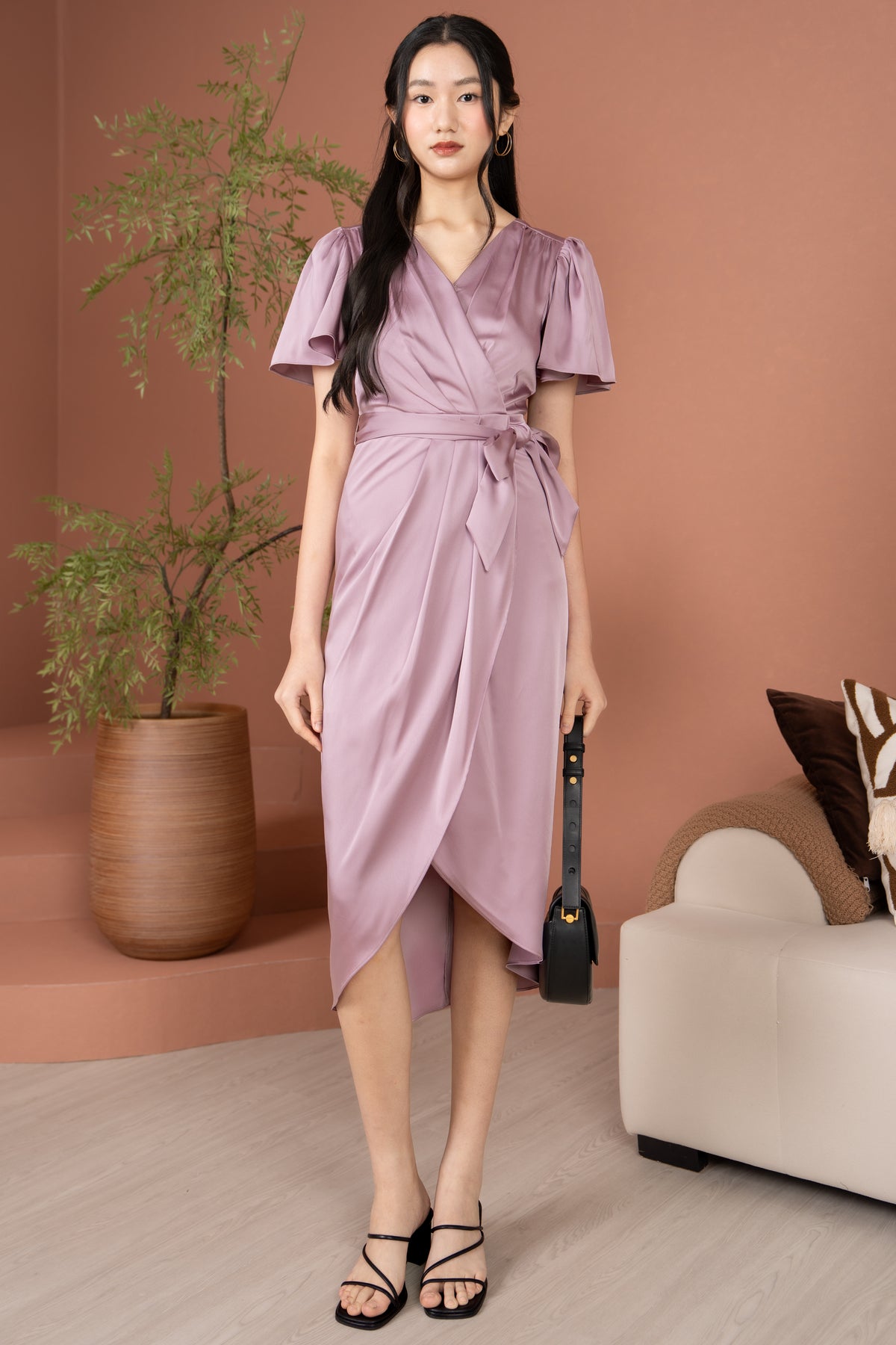 Aurora Flutter Sleeves Tulip Dress in Lilac