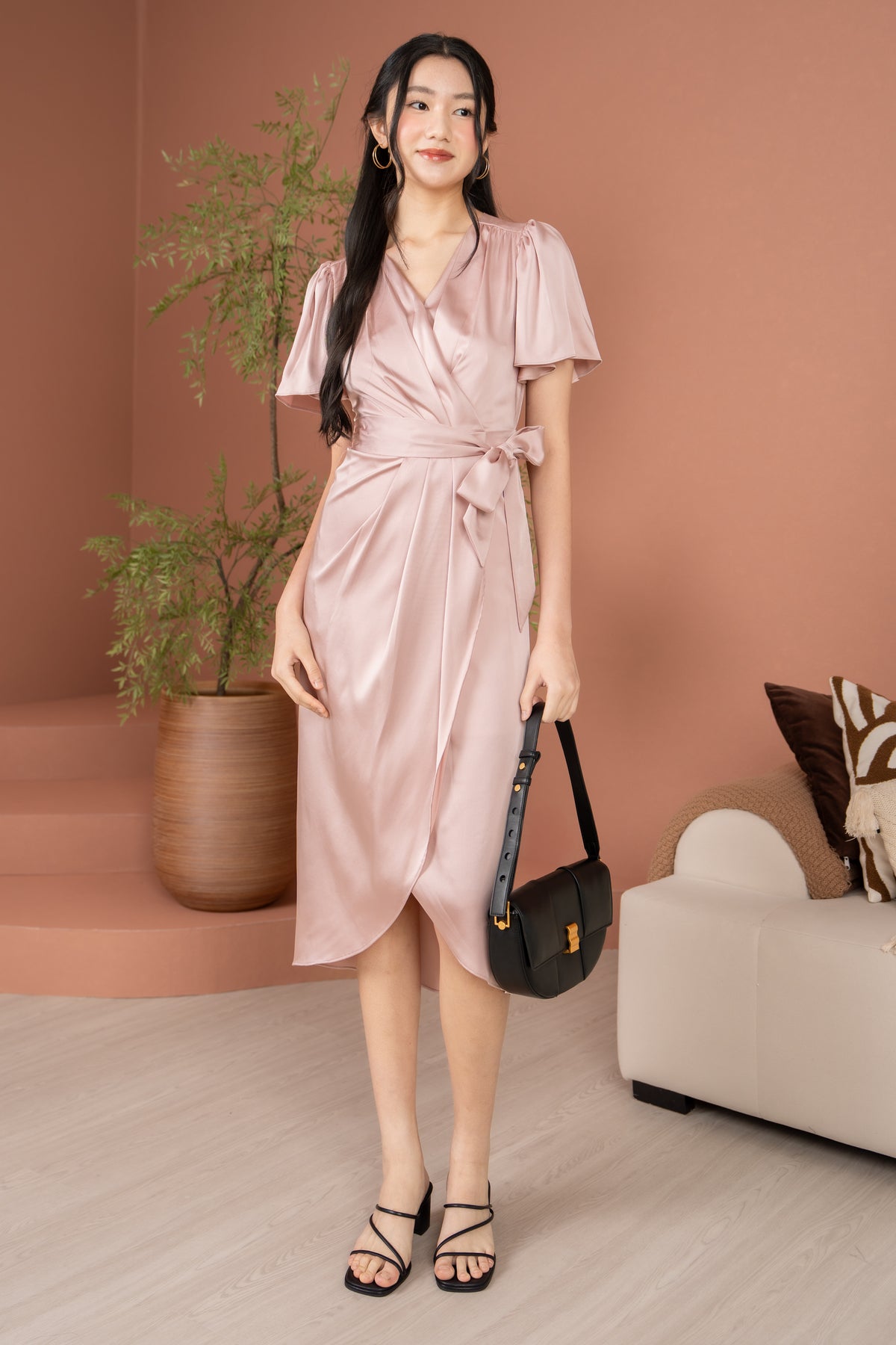 Aurora Flutter Sleeves Tulip Dress in Pink